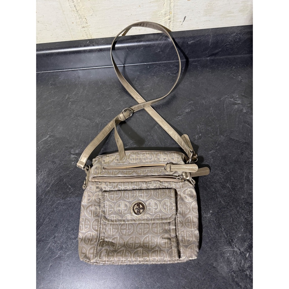 Giani Bernini Champagne Gold Taupe Logo Jacquard Crossbody Bag Organizer Purse